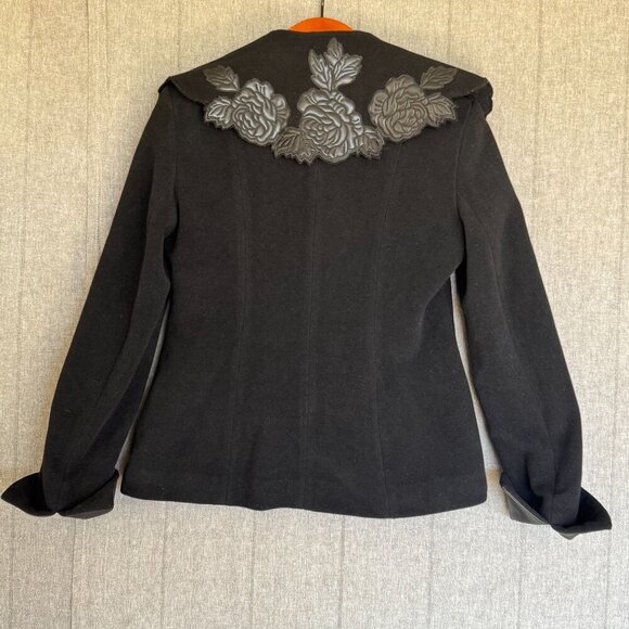 Vintage Newport News Black Wool Blend Faux Leather Floral Applique Collar Coat - Picture 7 of 14